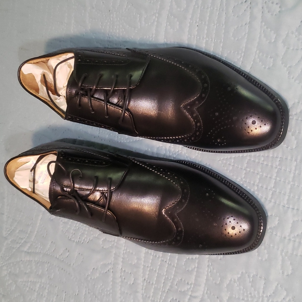 Gifennse Handmade Leather Black Wing-Tip Dress Shoe
